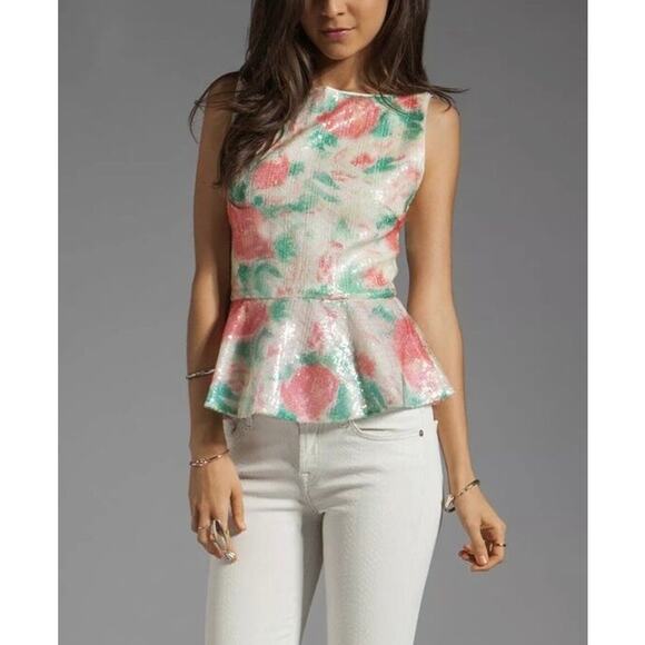 ALICE AND OLIVIA Rosie Abstract Garden Sequin Top Womens XS Cream Green Peplum - Picture 1 of 16